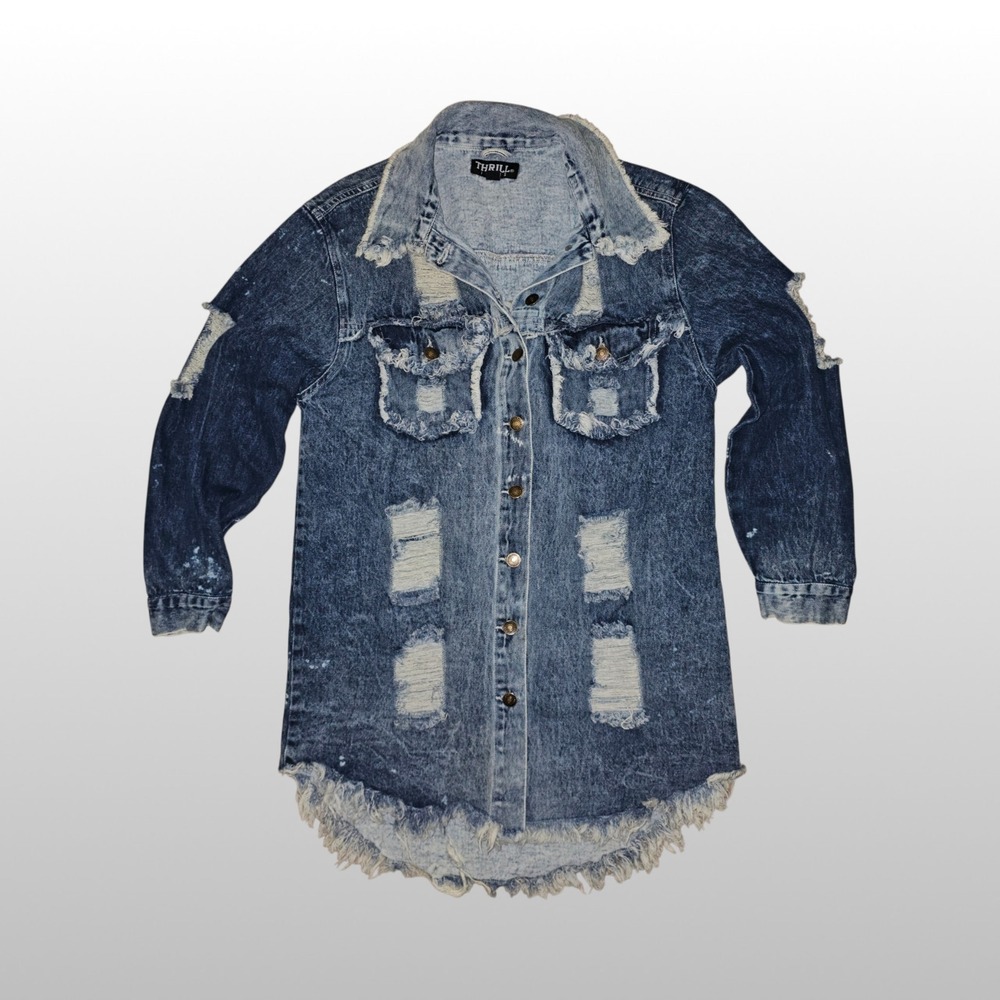 Y2K Punk Thrill Jeans Denim Jacket Distressed Raw Hem Acid Wash Blue S Grunge
